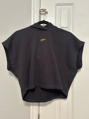 Reebok Women's Black Short-Sleeve Hooded Sweatshirt with Yellow Logo